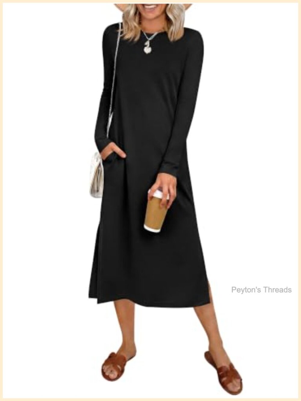 Women's Wrinkle Free Long Sleeve Midi Dress with Pockets Crewneck
